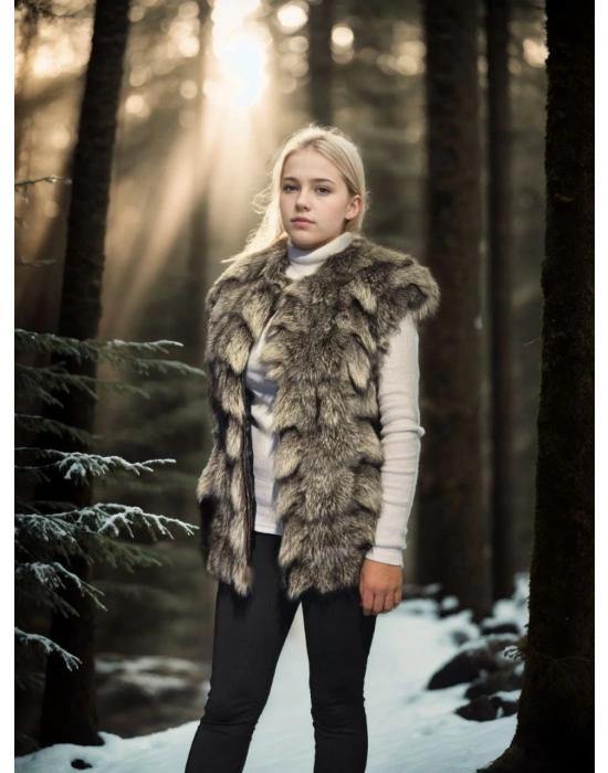 Kadın Premium Doğal Kürk Kolsuz Deri - Siyah