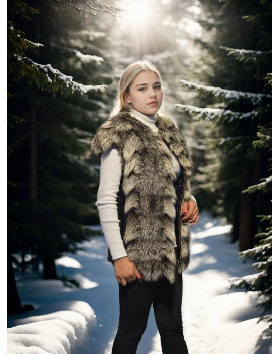 Kadın Premium Doğal Kürk Kolsuz Deri - Siyah