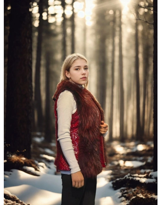 Kadın Premium Doğal Kürk Kolsuz Fermuarlı Yelek - Kırmızı