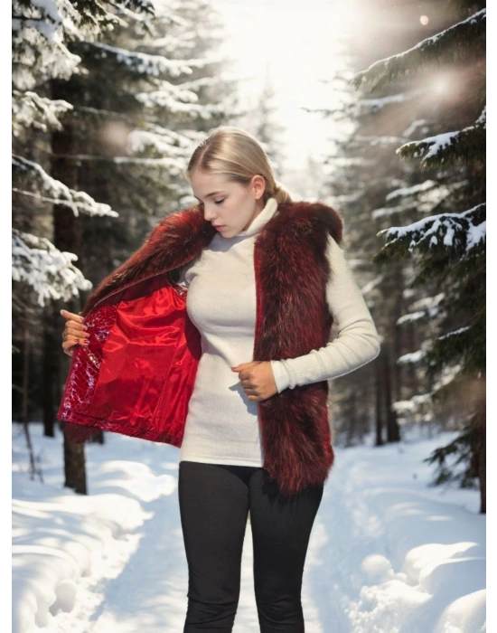 Kadın Premium Doğal Kürk Kolsuz Fermuarlı Yelek - Kırmızı