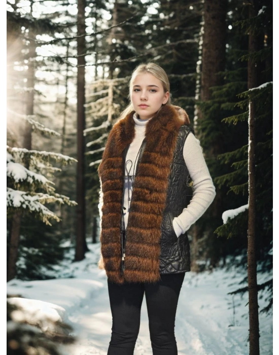 Kadın Premium Doğal Kürk Kolsuz Fermuarlı Yelek - Siyah