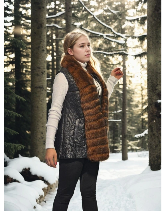 Kadın Premium Doğal Kürk Kolsuz Fermuarlı Yelek - Siyah