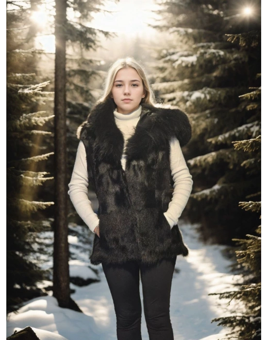 Kadın Premium Doğal Kürk Kolsuz Kapüşonlu Yelek - Siyah