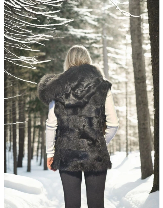 Kadın Premium Doğal Kürk Kolsuz Kapüşonlu Yelek - Siyah