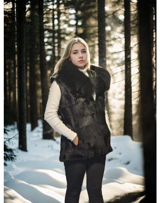 Kadın Premium Doğal Kürk Kolsuz Kapüşonlu Yelek - Siyah