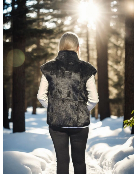 Kadın Premium Doğal Kürk Kolsuz Kürk - Siyah