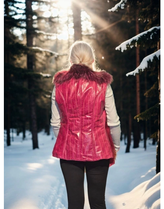 Kadın Premium Doğal Kürk Kolsuz Yelek - Fuşya