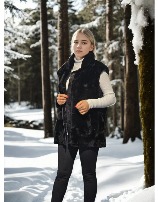 Kadın Premium Doğal Kürk Kolsuz Yelek - Siyah