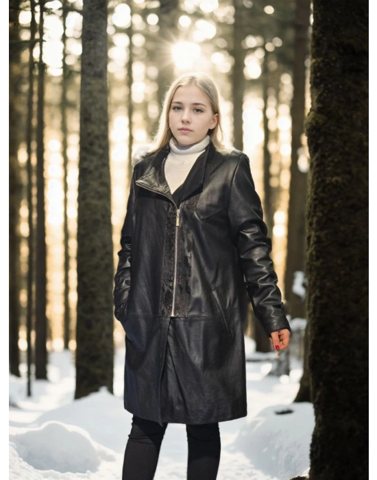 Kadın Premium Doğal Kürk Uzun Kollu Deri Ceket - Siyah