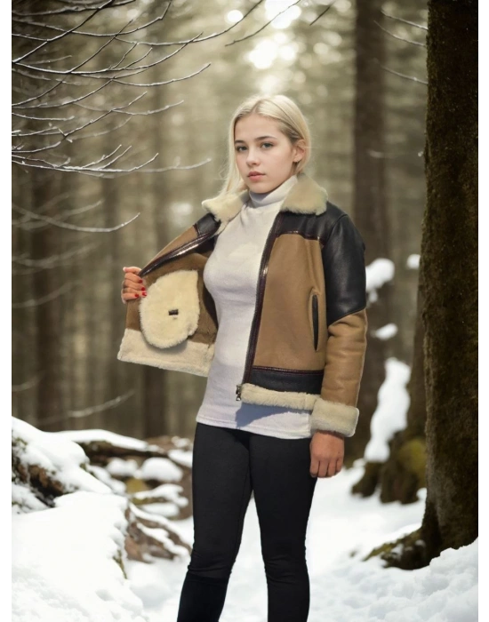 Kadın Premium Doğal Uzun Kollu Yakalı Kürk - Kahve