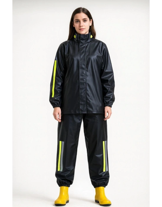 Kadın Premium Motorcu Kurye Yağmurluk Takım Su Geçirmez PVC Reflektörlü Siyah