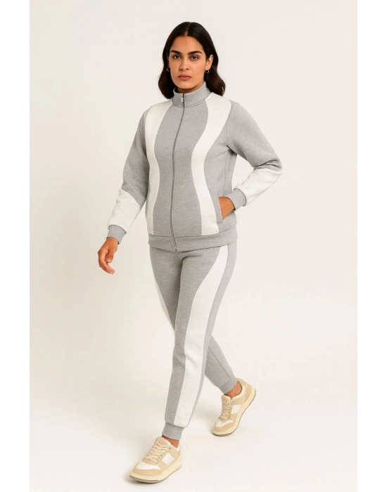Kadın Premium Parçalı Eşofman Alt-Üst Takım - Dik Yaka Fermuarlı Sweatshirt - Gri