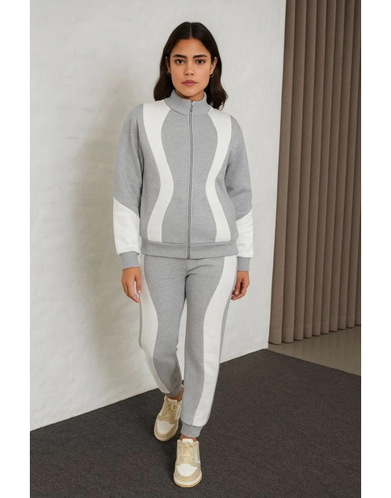 Kadın Premium Parçalı Eşofman Alt-Üst Takım - Dik Yaka Fermuarlı Sweatshirt - Gri
