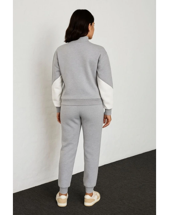Kadın Premium Parçalı Eşofman Alt-Üst Takım - Dik Yaka Fermuarlı Sweatshirt - Gri