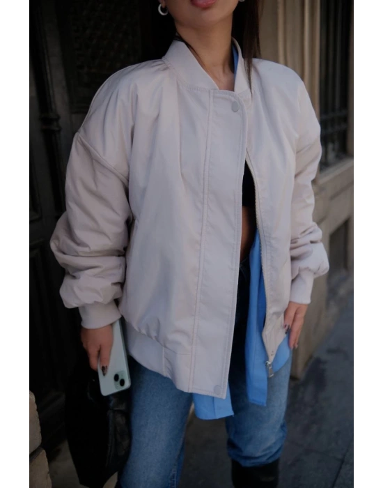 Kadın Prenıum Cepli Bomber Ceket Mont - Beyaz