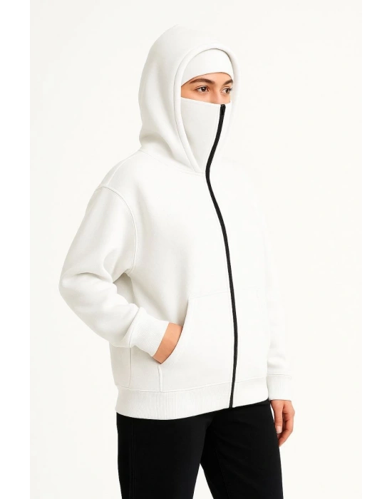 Kadın Samuray Ninja Çift Kapüşonlu Maske Detaylı 3 İplik Hoodie - Beyaz