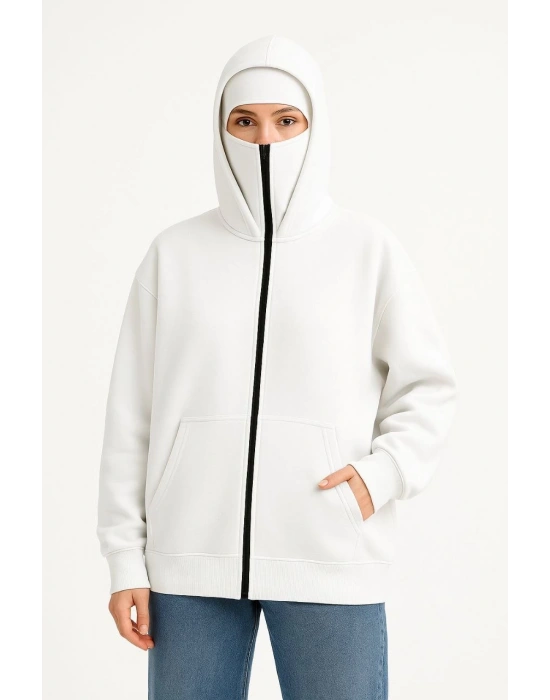 Kadın Samuray Ninja Çift Kapüşonlu Maske Detaylı 3 İplik Hoodie - Beyaz
