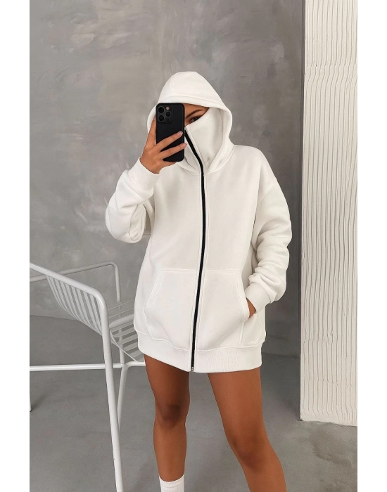 Kadın Samuray Ninja Çift Kapüşonlu Maske Detaylı 3 İplik Hoodie - Beyaz