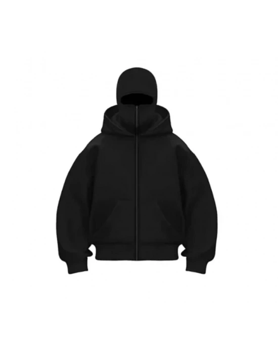 Kadın Samuray Ninja Çift Kapüşonlu Maske Detaylı 3 İplik Hoodie - Siyah