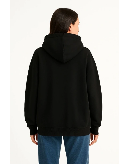 Kadın Samuray Ninja Çift Kapüşonlu Maske Detaylı 3 İplik Hoodie - Siyah
