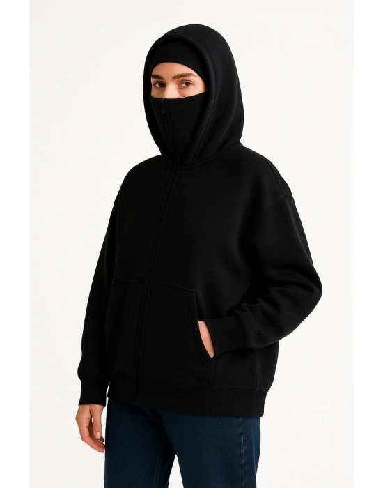 Kadın Samuray Ninja Çift Kapüşonlu Maske Detaylı 3 İplik Hoodie - Siyah