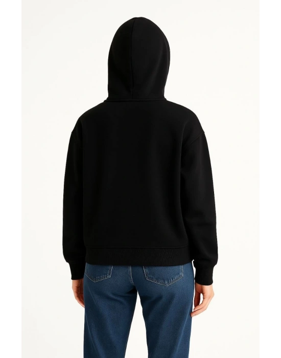 Kadın Samuray Ninja Çift Kapüşonlu Maske Detaylı 3 İplik Hoodie - Siyah