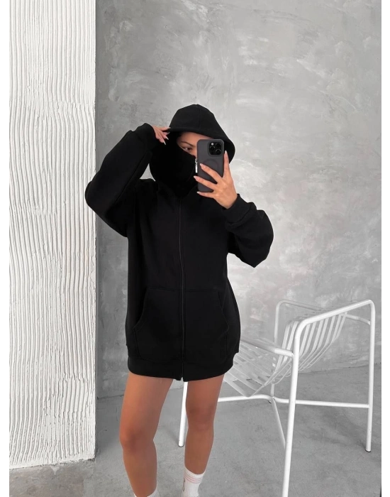 Kadın Samuray Ninja Çift Kapüşonlu Maske Detaylı 3 İplik Hoodie - Siyah