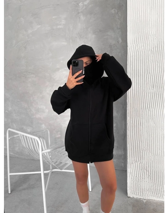 Kadın Samuray Ninja Çift Kapüşonlu Maske Detaylı 3 İplik Hoodie - Siyah