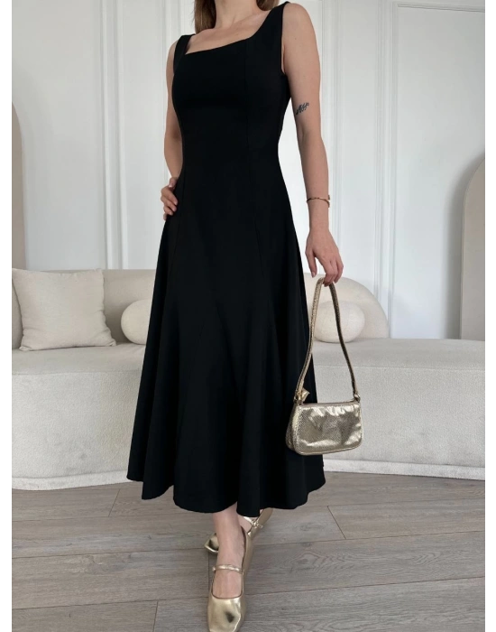 Kadın Sırt Dekolteli Kolsuz Uzun Elbise - Siyah