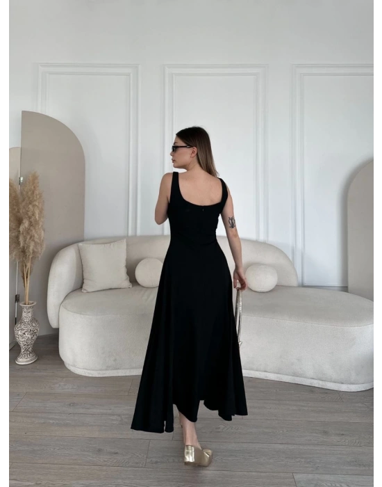 Kadın Sırt Dekolteli Kolsuz Uzun Elbise - Siyah