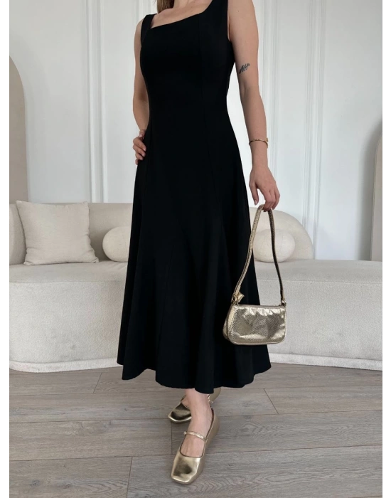 Kadın Sırt Dekolteli Kolsuz Uzun Elbise - Siyah