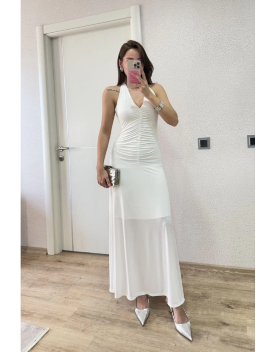 Kadın Sırt dekolteli Uzun Elbise - Beyaz