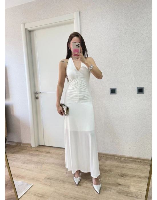 Kadın Sırt dekolteli Uzun Elbise - Beyaz