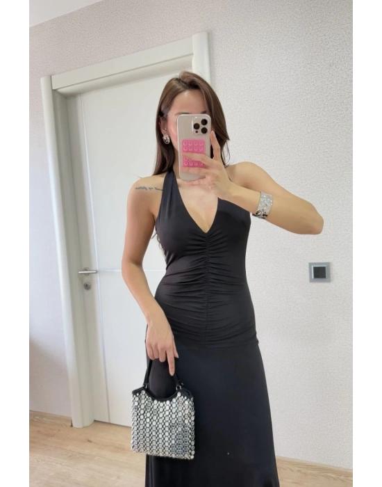 Kadın Sırt dekolteli Uzun Elbise - Siyah