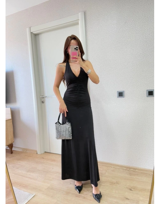 Kadın Sırt dekolteli Uzun Elbise - Siyah