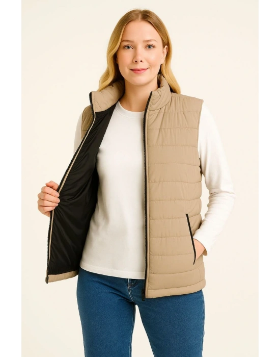 Kadın Şişme Fermuarlı Su İtici Kapitone Astarlı, Cepli Yelek - Bej