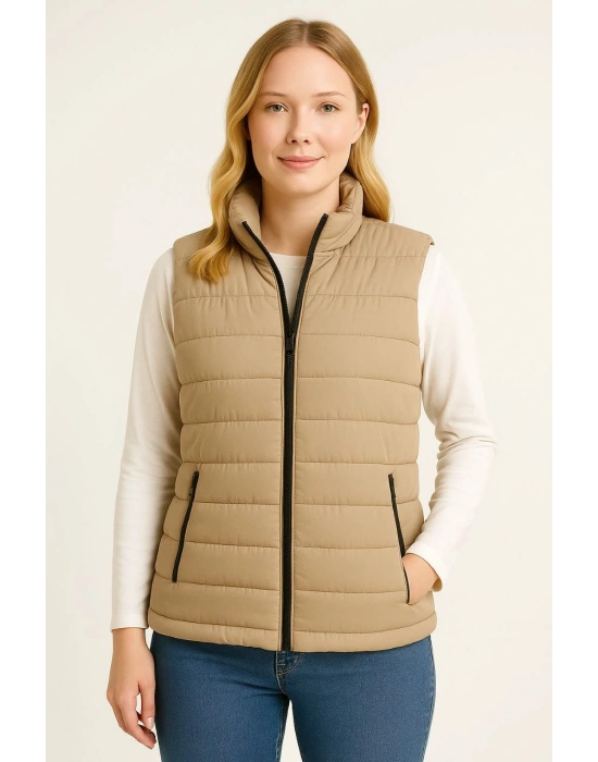 Kadın Şişme Fermuarlı Su İtici Kapitone Astarlı, Cepli Yelek - Bej