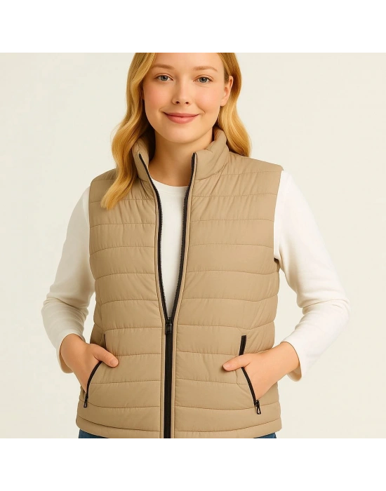 Kadın Şişme Fermuarlı Su İtici Kapitone Astarlı, Cepli Yelek - Bej