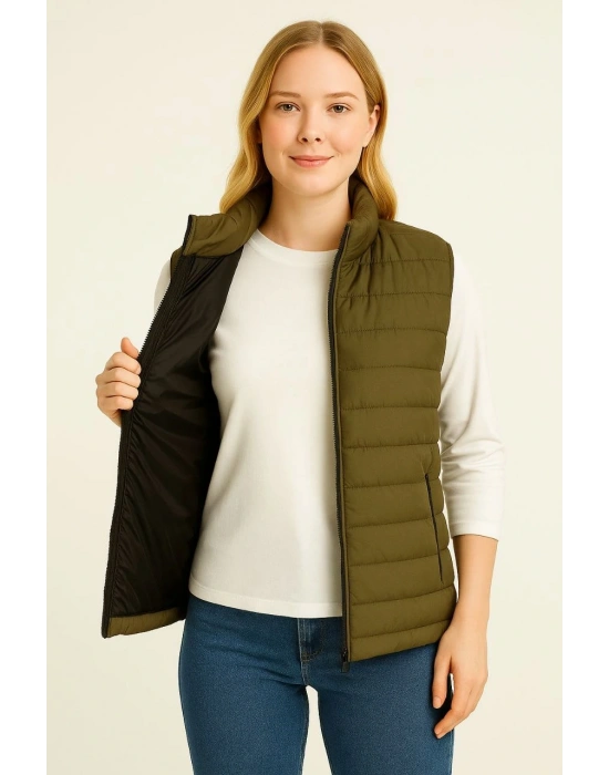 Kadın Şişme Fermuarlı Su İtici Kapitone Astarlı, Cepli Yelek - Haki