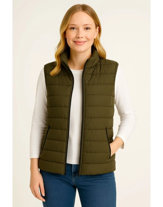 Kadın Şişme Fermuarlı Su İtici Kapitone Astarlı, Cepli Yelek - Haki