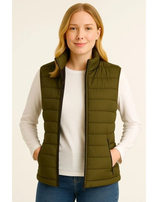 Kadın Şişme Fermuarlı Su İtici Kapitone Astarlı, Cepli Yelek - Haki