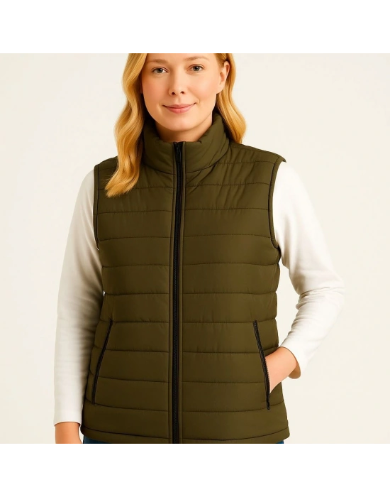 Kadın Şişme Fermuarlı Su İtici Kapitone Astarlı, Cepli Yelek - Haki