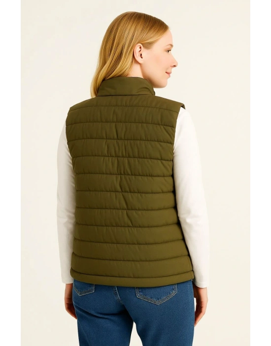 Kadın Şişme Fermuarlı Su İtici Kapitone Astarlı, Cepli Yelek - Haki