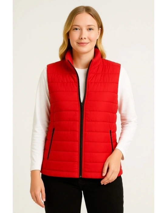 Kadın Şişme Fermuarlı Su İtici Kapitone Astarlı, Cepli Yelek - Kırmızı