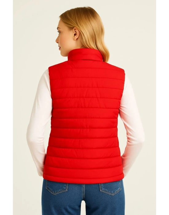 Kadın Şişme Fermuarlı Su İtici Kapitone Astarlı, Cepli Yelek - Kırmızı