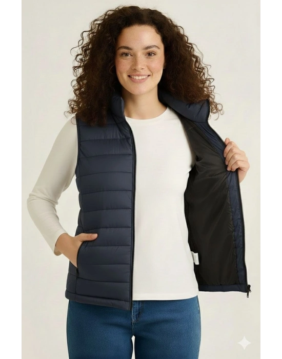 Kadın Şişme Fermuarlı Su İtici Kapitone Astarlı, Cepli Yelek - Lacivert