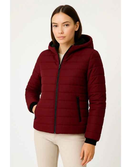 KADIN Şişme Kapüşonlu Fermuarlı Mont Su İtici Kapitone Cepli Ceket - Bordo