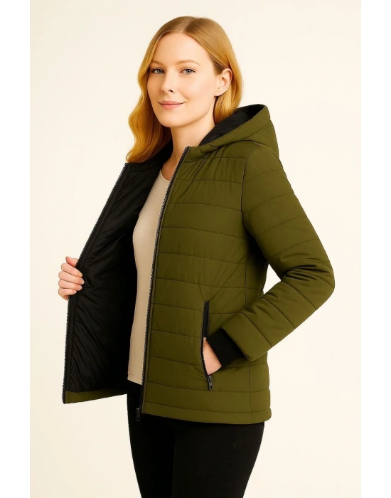 KADIN Şişme Kapüşonlu Fermuarlı Mont Su İtici Kapitone Cepli Ceket - Haki