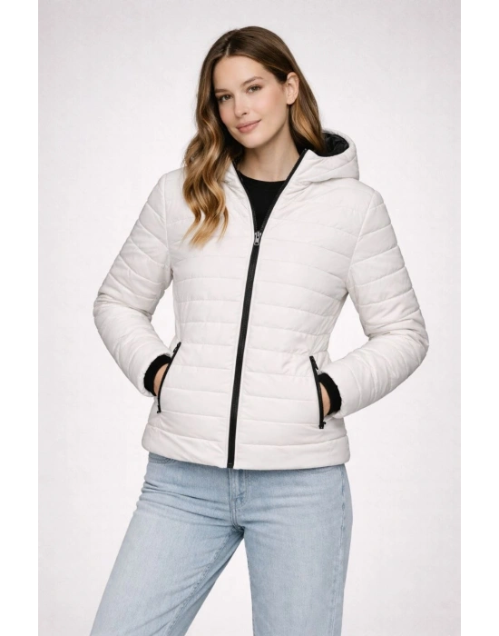 KADIN Şişme Kapüşonlu Fermuarlı Mont Su İtici Kapitone Cepli Ceket - Krem