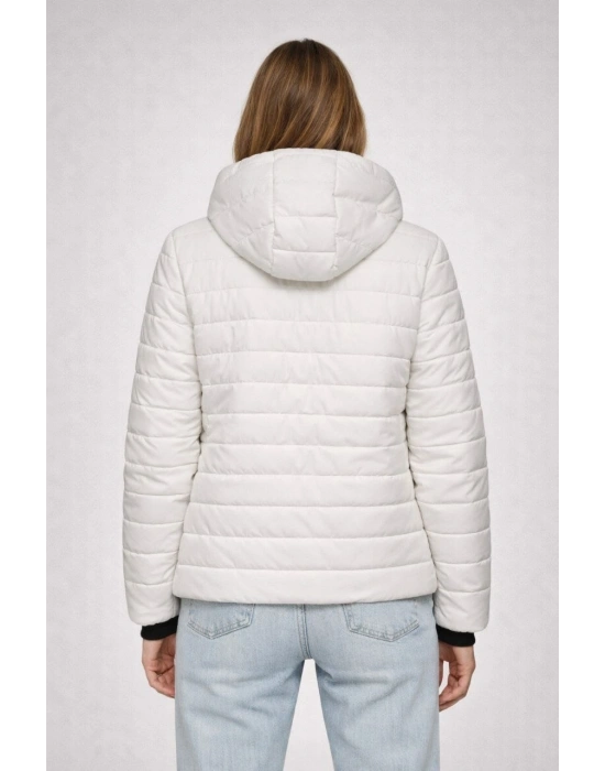 KADIN Şişme Kapüşonlu Fermuarlı Mont Su İtici Kapitone Cepli Ceket - Krem